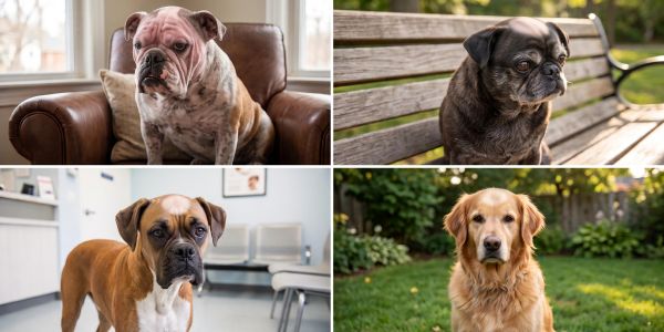 Four dogs showing expressions of sadness or contemplation in different settings.