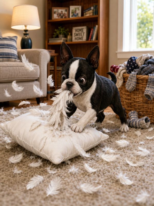 Puppy tearing apart a pillow with feathers flying.