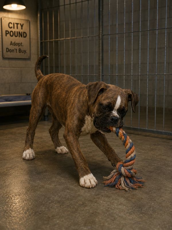Brindle dog playing with rope toy in shelter.