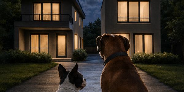 Two dogs sitting outside houses at night.