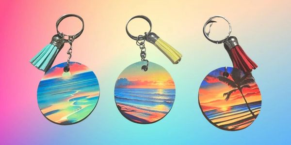 Sunset image key chains with leather tassel