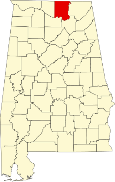 Alabama county map showing a northern county highlighted in red for geographic reference.