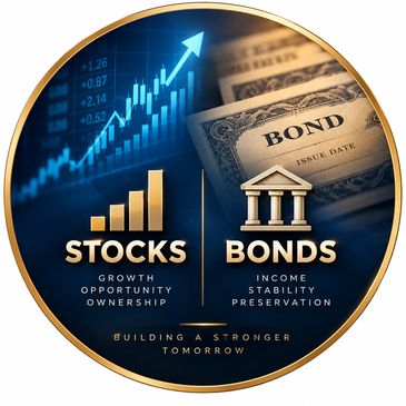 Comparison of stocks and bonds with their benefits.