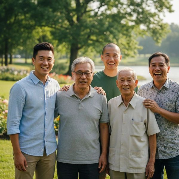 Five men of different ages smiling together outdoors in a park.