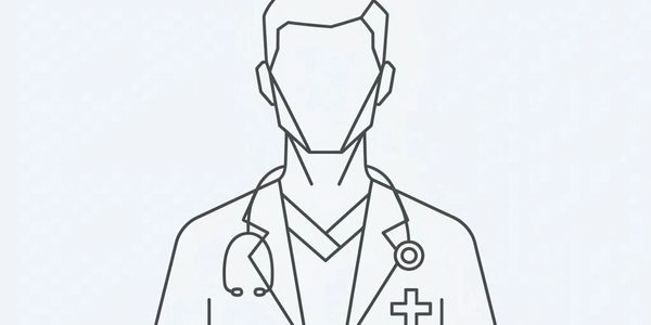 Line art of a faceless doctor with a stethoscope and medical coat.