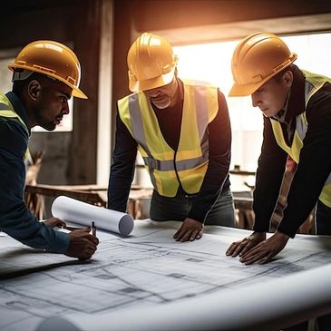 Three construction workers in helmets reviewing blueprints together.