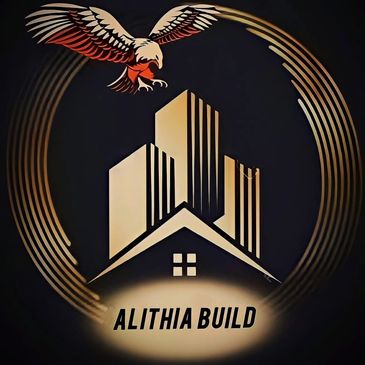 A sleek logo with an eagle and buildings, labeled Alithia Build.