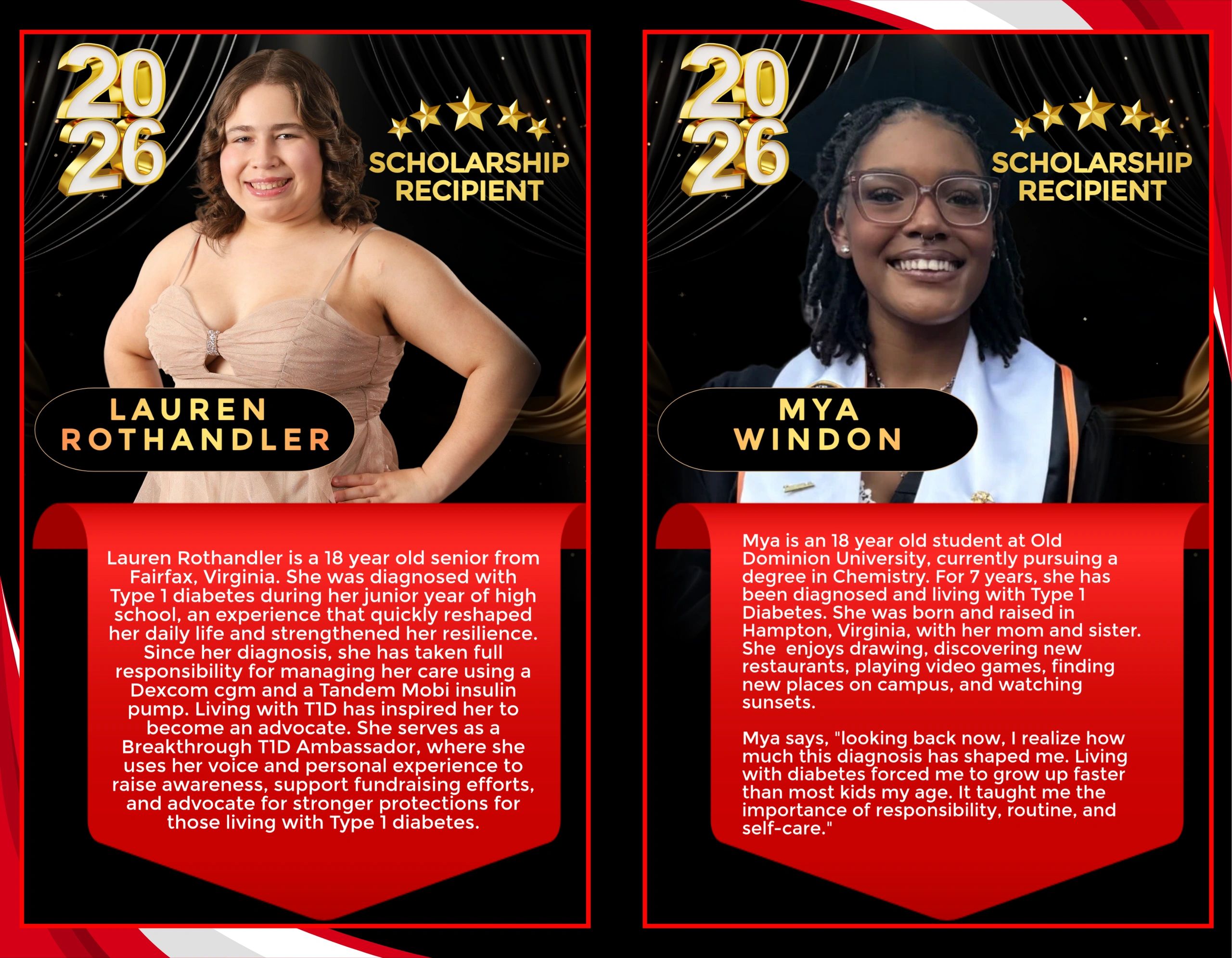 Portraits of 2026 scholarship recipients Lauren Rothandler and Mya Windon with their inspiring stories.