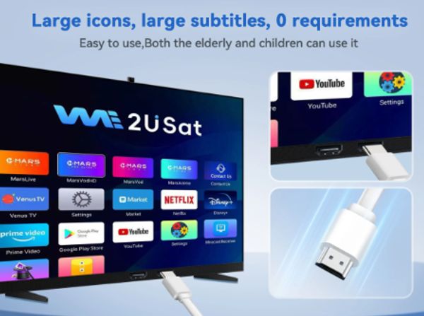 TV interface with large icons and HDMI connection.