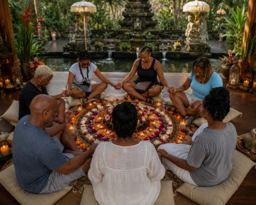 Group meditating around flower mandala indoors.