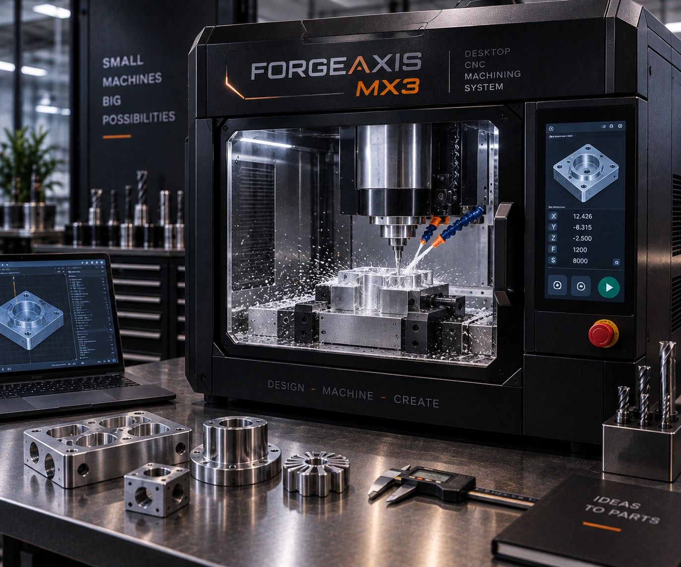 Desktop CNC machine working on metal parts.