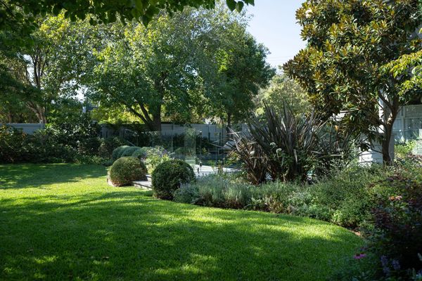Green lawn with manicured shrubs and pool.