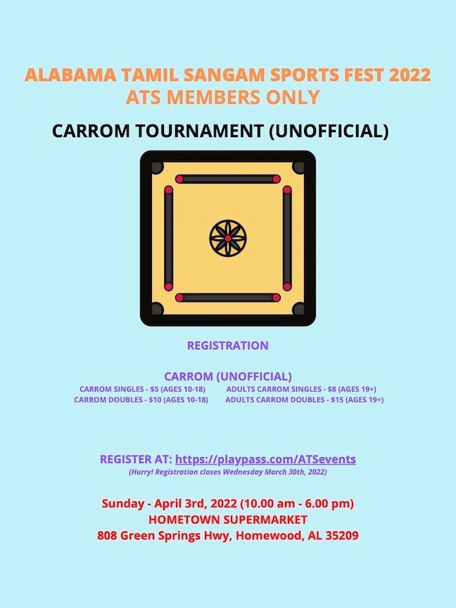 Alabama Tamil Sangam Sports Fest 2022 Carrom Tournament for ATS members.