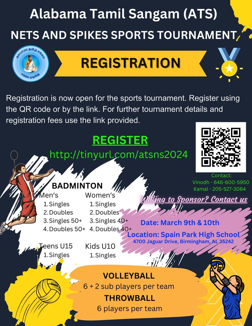 Registration open for Nets and Spikes Sports Tournament by Alabama Tamil Sangam.