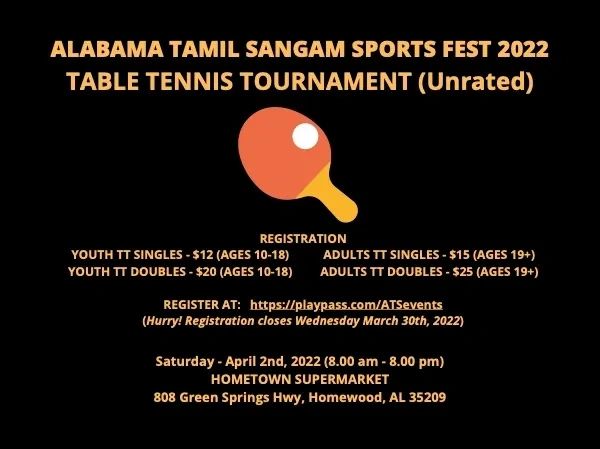 Alabama Tamil Sangam Table Tennis Tournament 2022 announcement.