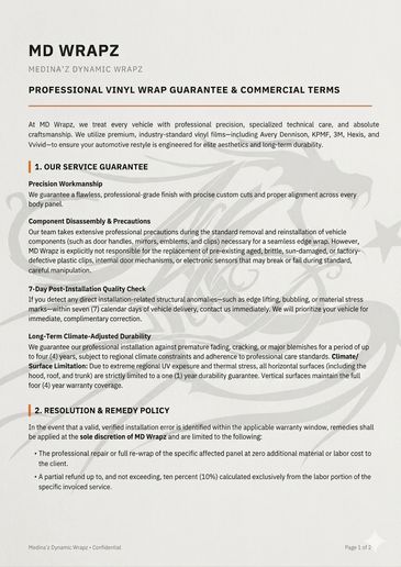 MD Wrapz professional vinyl wrap guarantee and terms document.