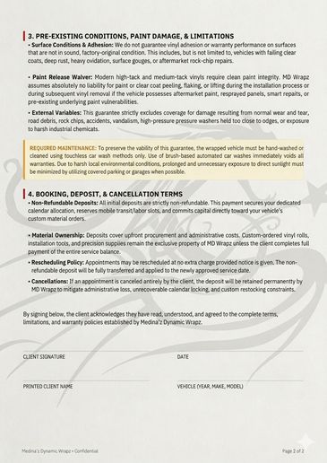 Terms and conditions for vehicle paint protection and warranty.
