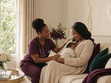 Nurse comforting a new mother and her baby at home.