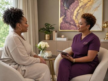 Two women in a friendly conversation indoors.