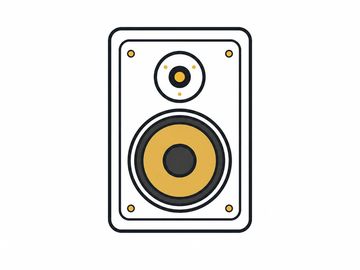 Minimalist speaker illustration with yellow and black accents.