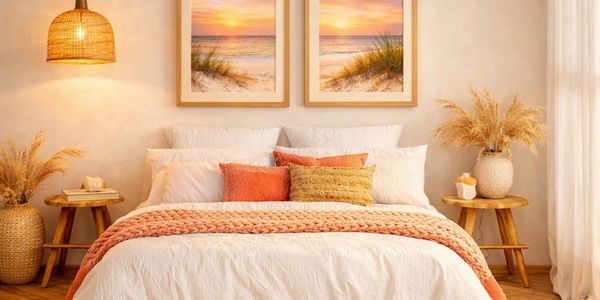 Cozy bedroom with warm tones and sunset beach art.