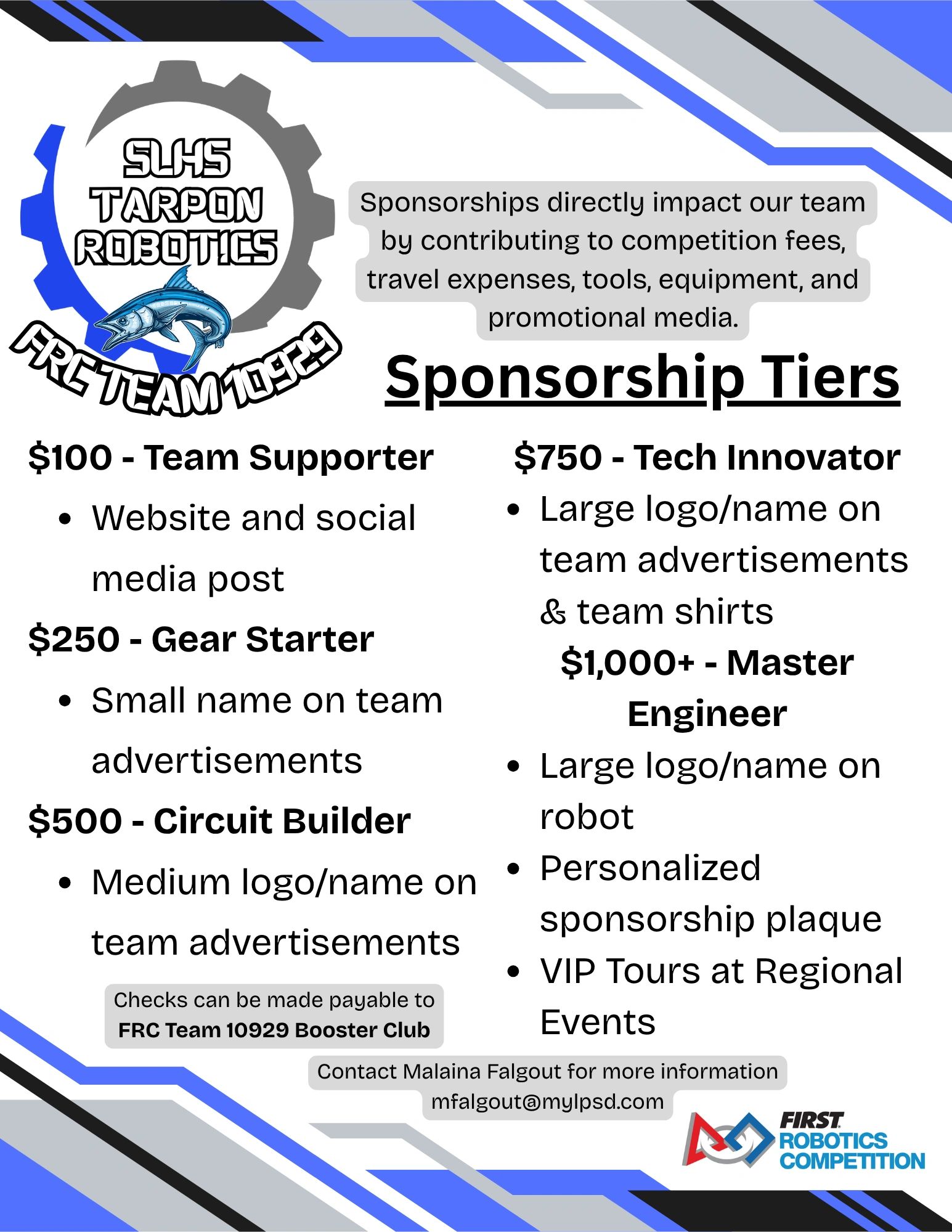SLHS Tarpon Robotics sponsorship tiers for supporting team expenses and promotion.
