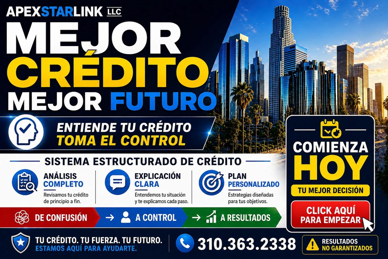 An advertisement in Spanish promoting credit improvement and financial control with contact info.