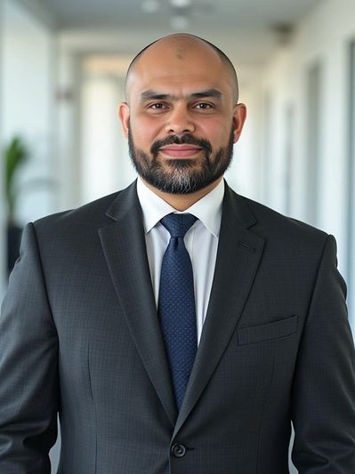 A confident man in a suit and tie standing in a bright hallway.