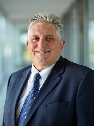Smiling middle-aged man in a suit and tie in a professional setting.