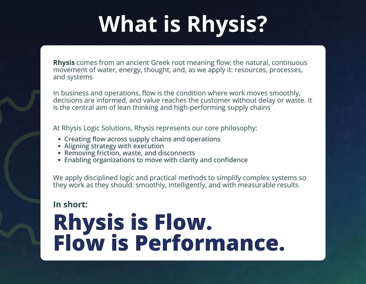 Explanation of Rhysis as flow and performance in business operations.