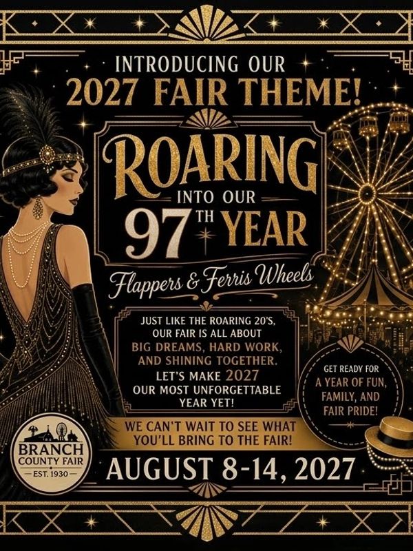 2027 fair theme announcement: Roaring 20s style with flappers and ferris wheels.