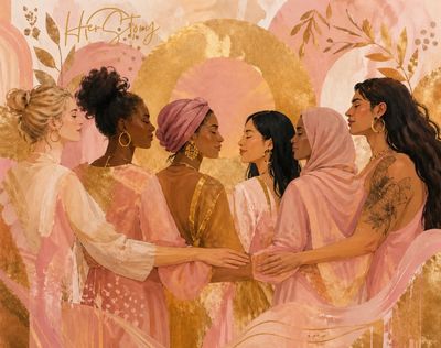 Diverse women united, embracing together in warm, golden hues.