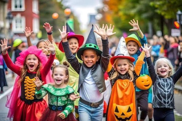 Children joyfully dressed for Halloween parade.