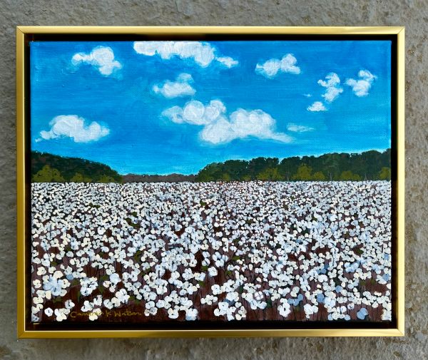A painting of a cotton field under a blue sky with fluffy white clouds.