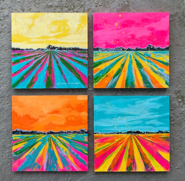 Four vibrant landscape paintings with colorful fields under different skies.