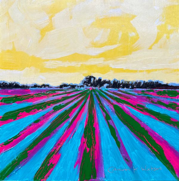 Vibrant abstract landscape with colorful striped fields under a soft yellow sky.