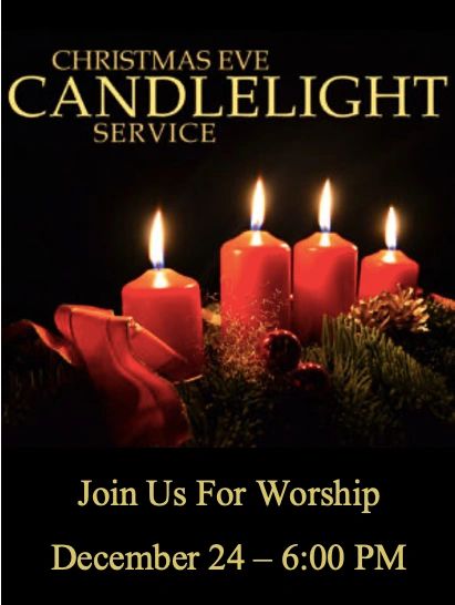 Christmas Eve candlelight service with four glowing candles and festive decorations.