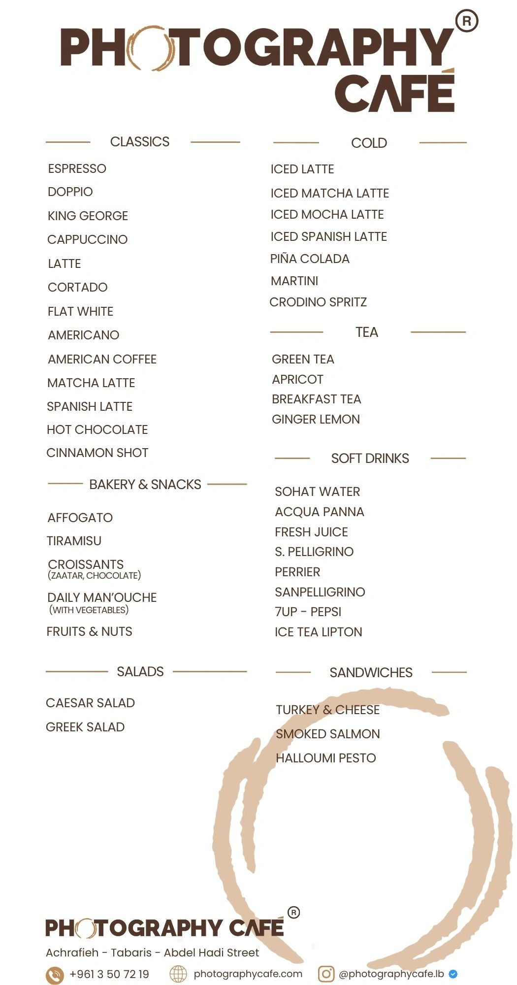 Menu of Photography Cafe with drinks and snacks.