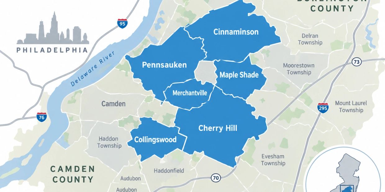 Map showing parts of Camden County and Philadelphia.