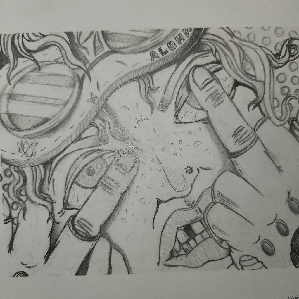 Pencil sketch of a face with glasses, fingers near eyes, and detailed expressions.