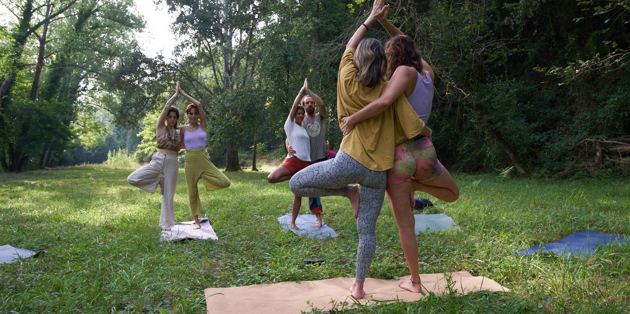 Group of people practicing partner yoga outdoors in a lush green forest.