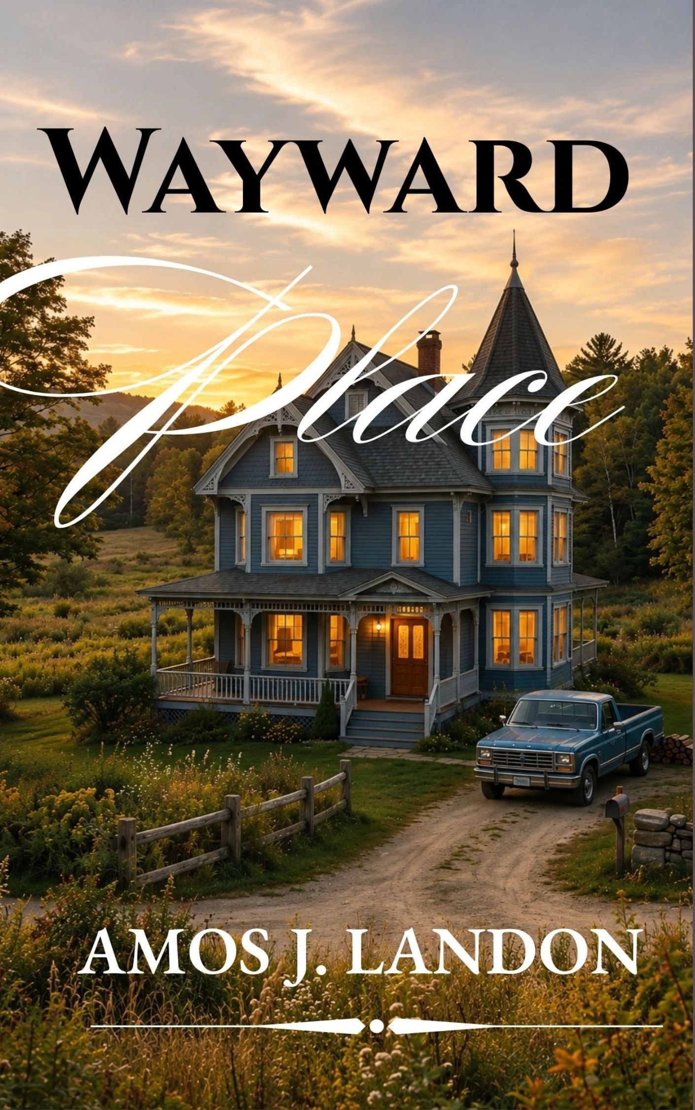 A charming Victorian house at sunset with a blue pickup truck and the title 'Wayward Place'.