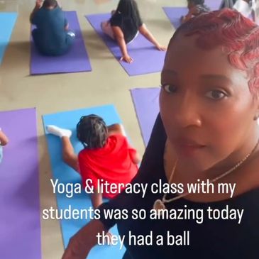 Yoga and literacy class with students having fun on mats.