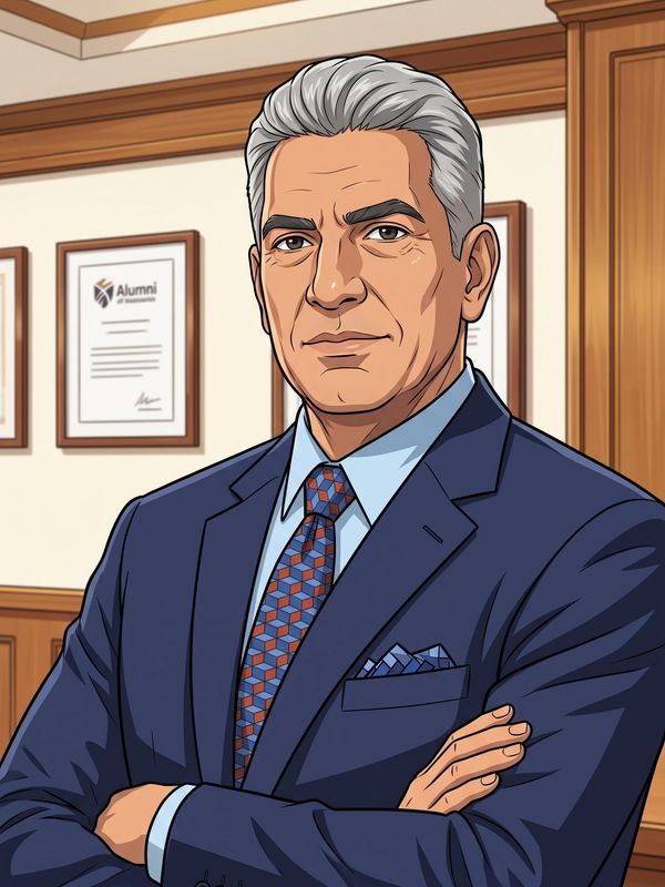 Confident older man in a blue suit stands with arms crossed.
