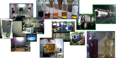 Collage of laboratory and industrial setups with chemical solutions and equipment.