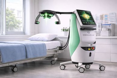 A green and white medical robot beside a hospital bed in a clinical room.