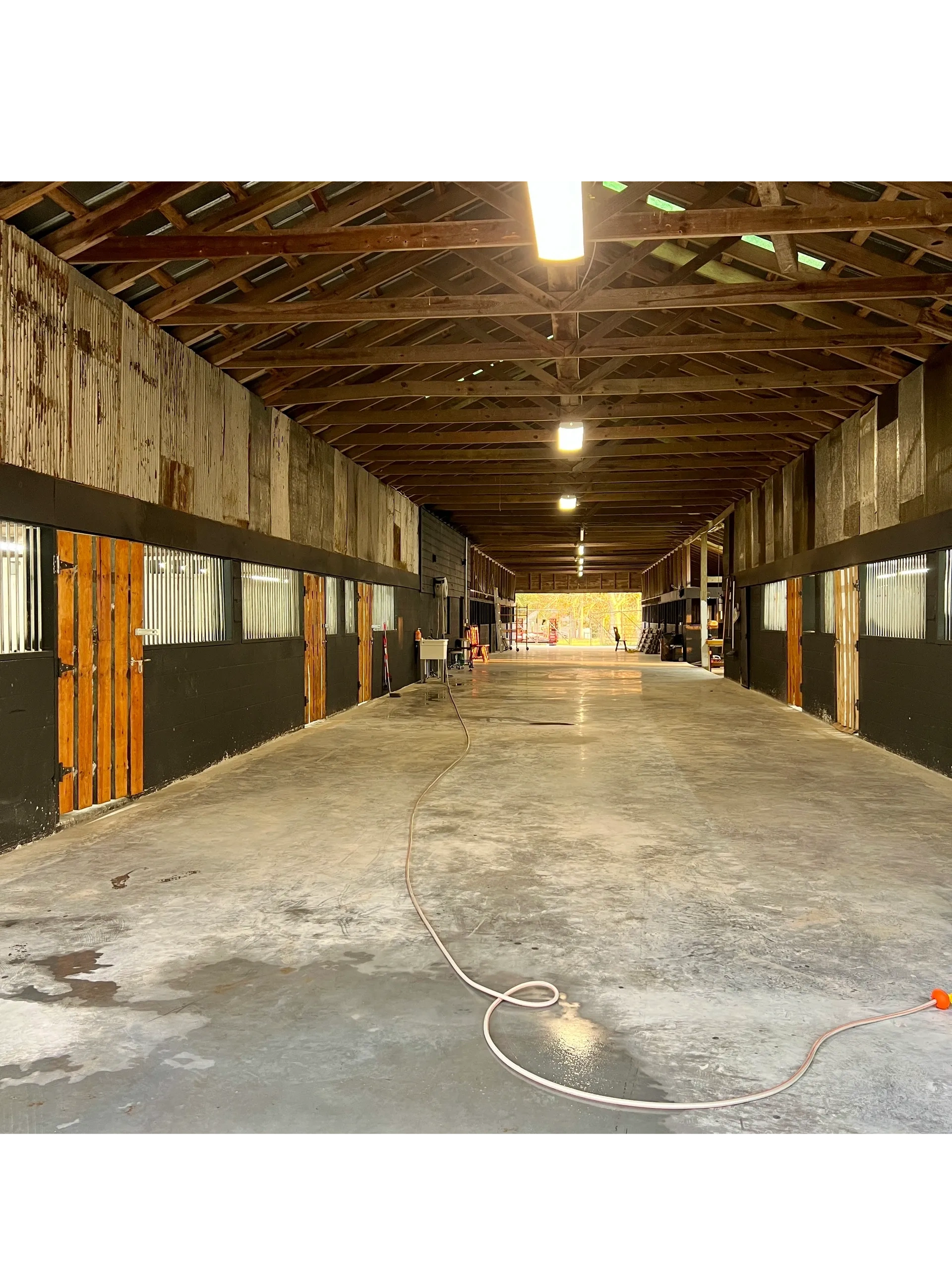 Long stable corridor with wooden doors and a hose on the floor.