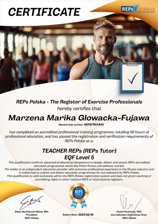 Certificate awarded to Marzena Marika Glowacka-Fujawa as Teacher REPs EQF Level 5.