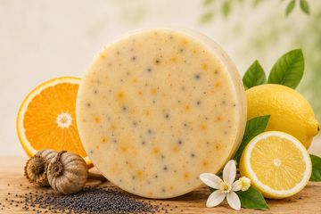 Savon naturel avec agrumes et graines de pavot.