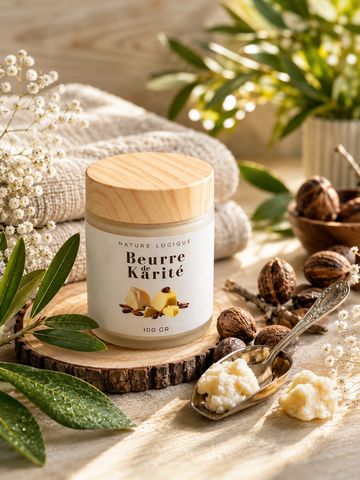 Pot de beurre de karité avec noix et plantes.
